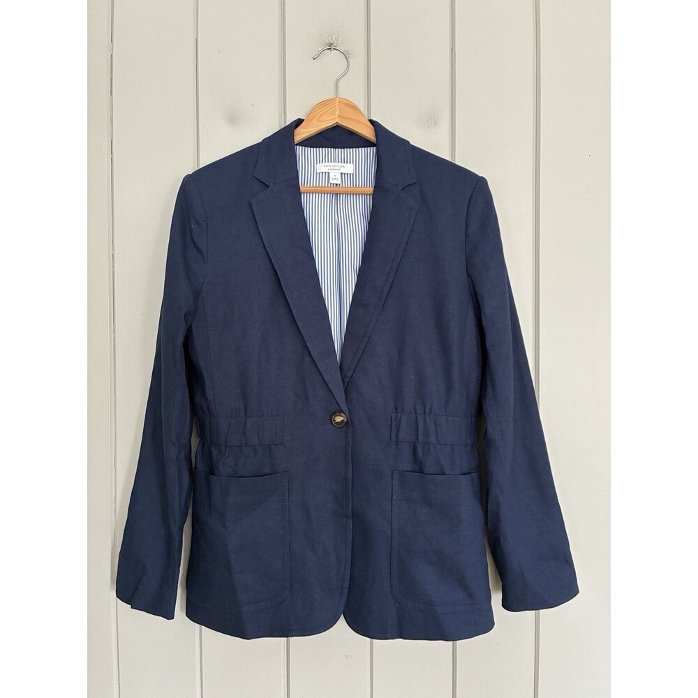 Ann Taylor Weekend Blazer 4 Linen Blend Cinched Waist Single Button Navy Blue